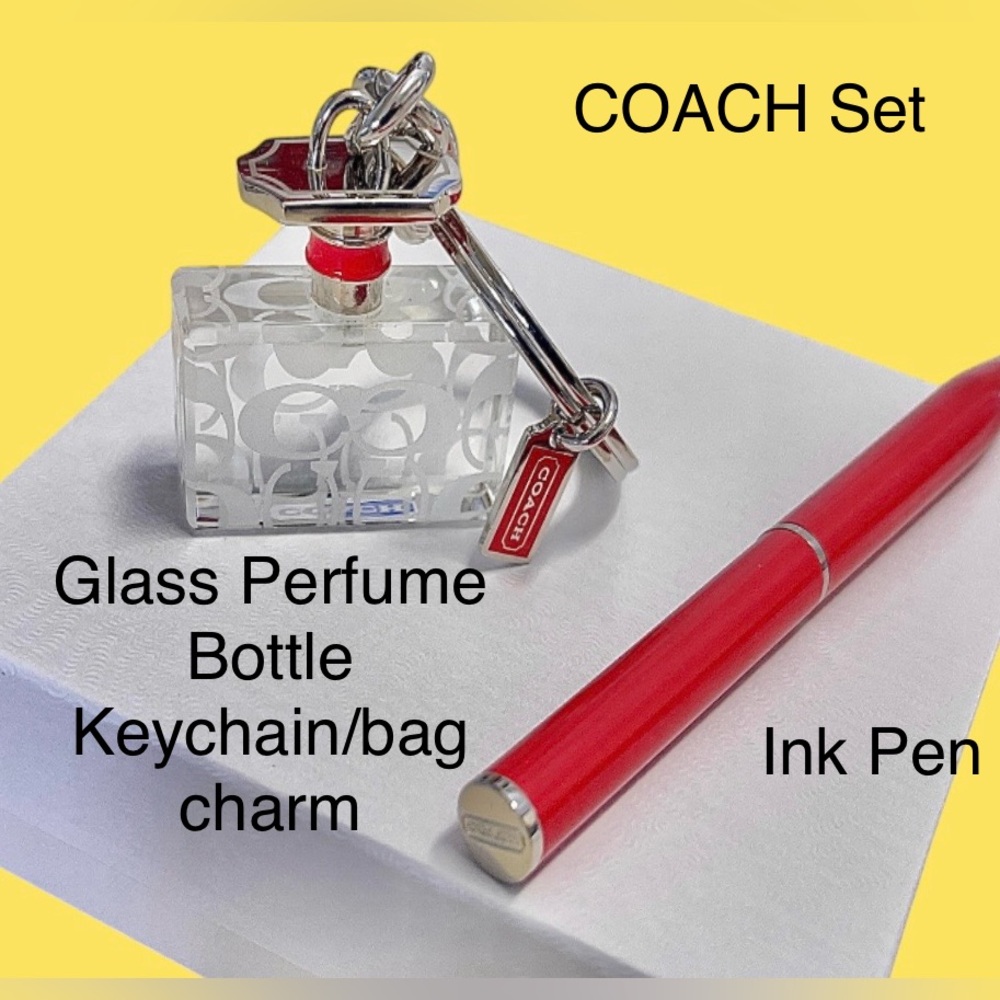 Coach Set NWOT Glass Perfume Bottle Keychain /Bag-charm & Ink Pen